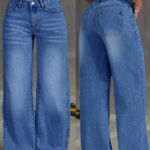 Jean large taille élastique en denim bleu délavé